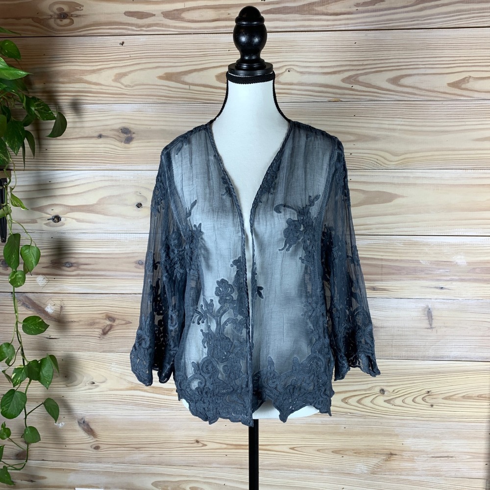 Soft Surroundings Sheer Cardigan Womens Large Silk Embroidered Sheer Open Front